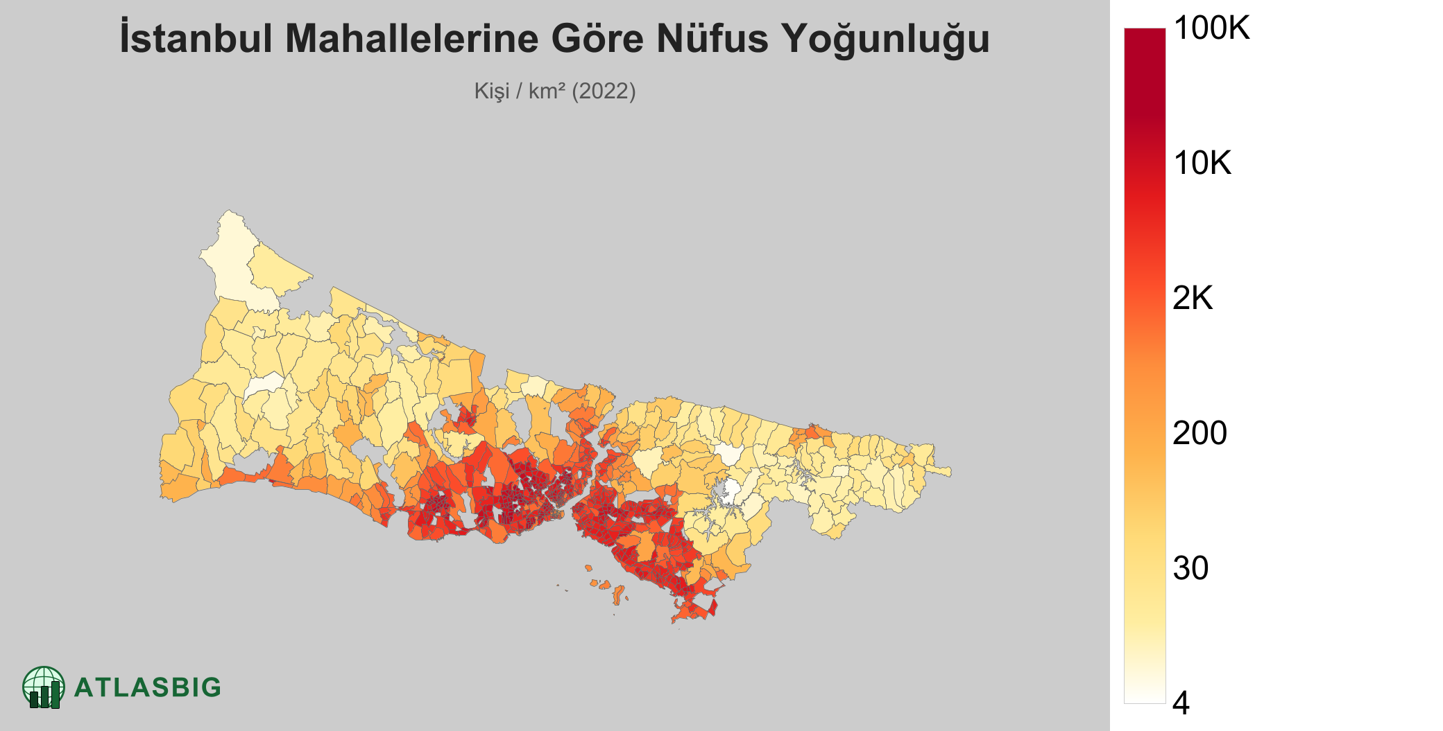 İstanbul mahallelere göre nüfus yoğunluğu haritası: kişi / km² (2022)