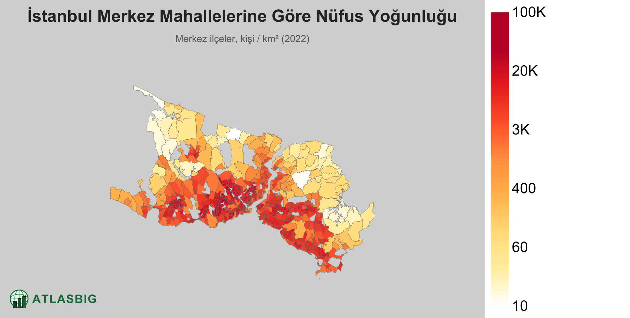 İstanbul merkez mahallelerine göre nüfus yoğunluğu haritası: kişi / km² (2022)