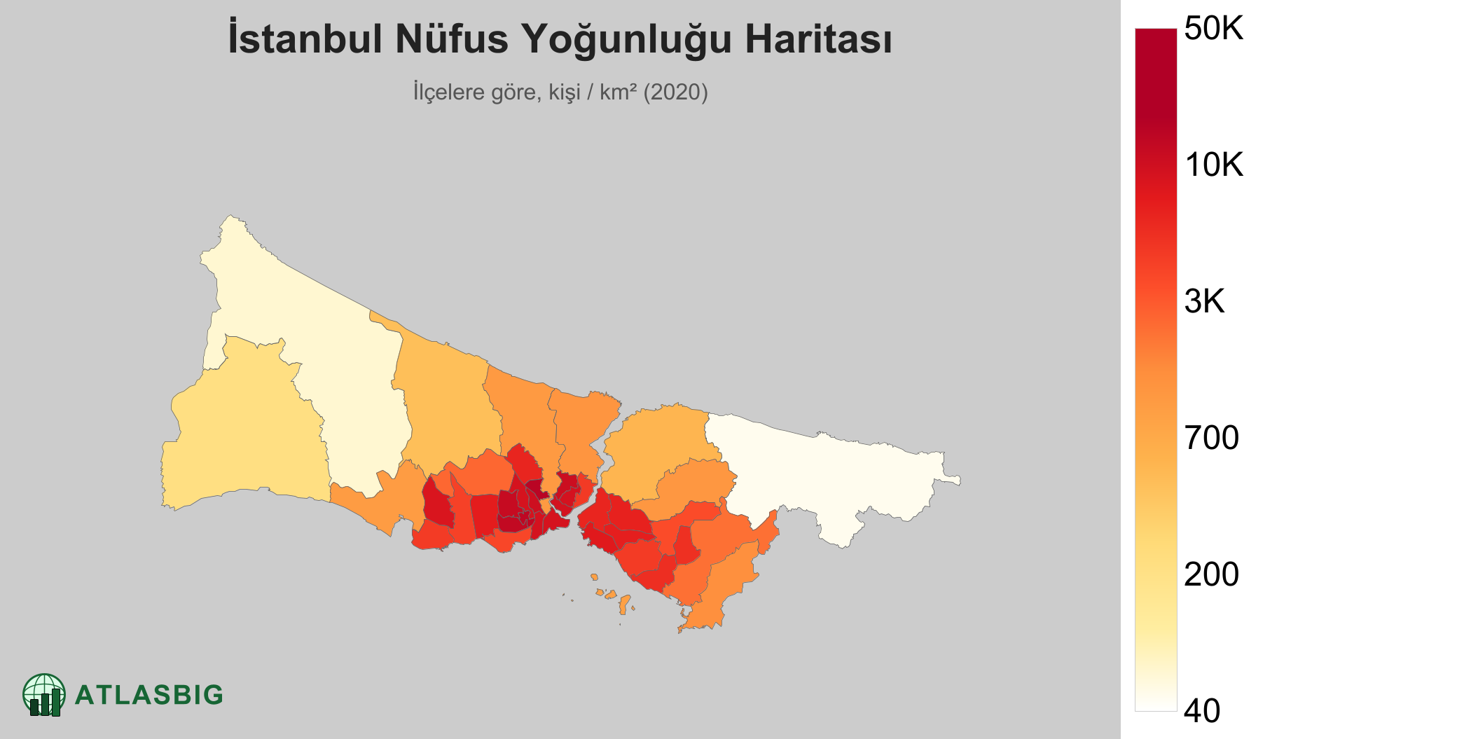İstanbul nüfus yoğunluğu haritası: ilçelere göre kişi / km² (2020)