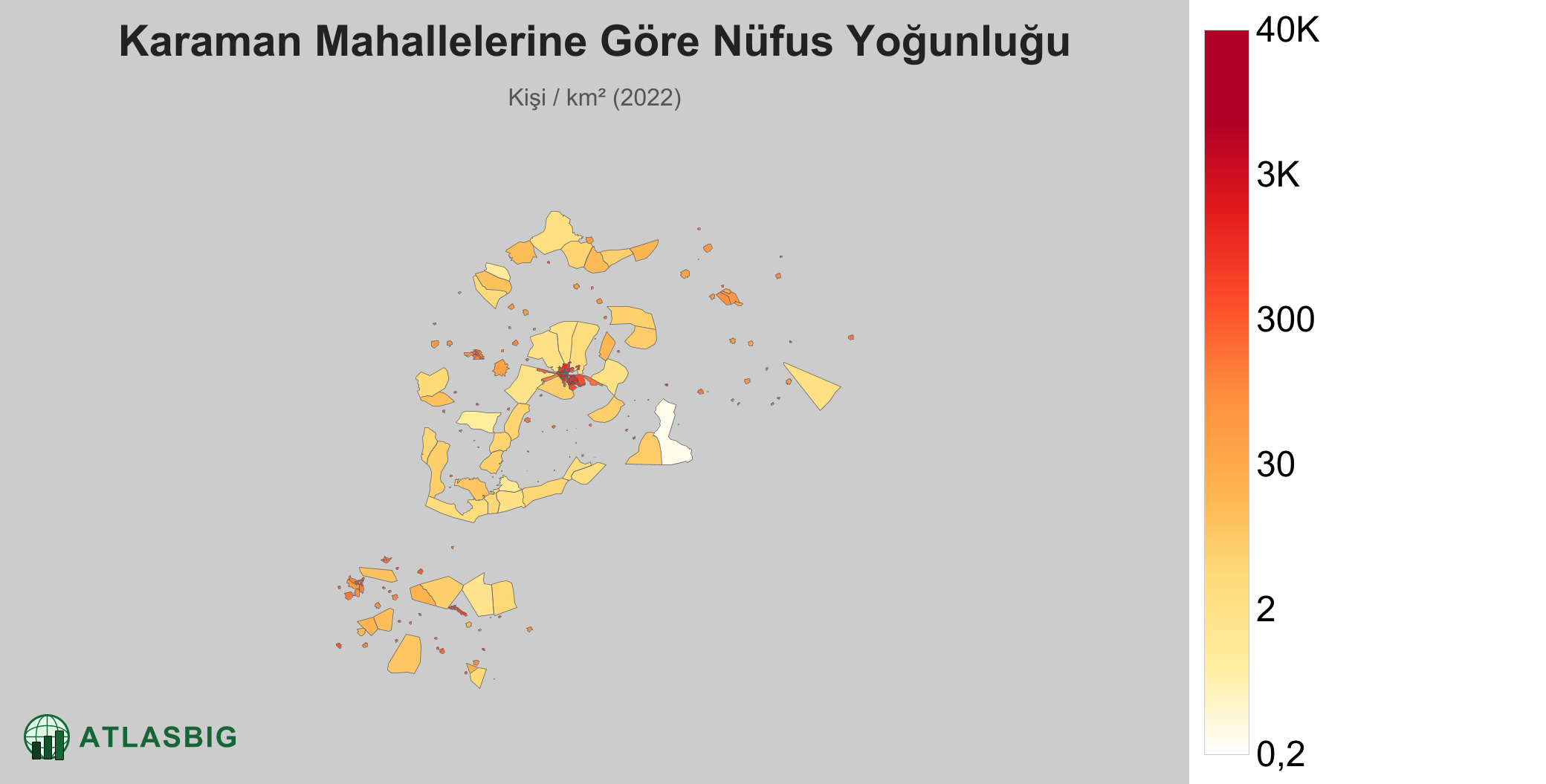 Karaman mahallelere göre nüfus yoğunluğu haritası: kişi / km² (2022)