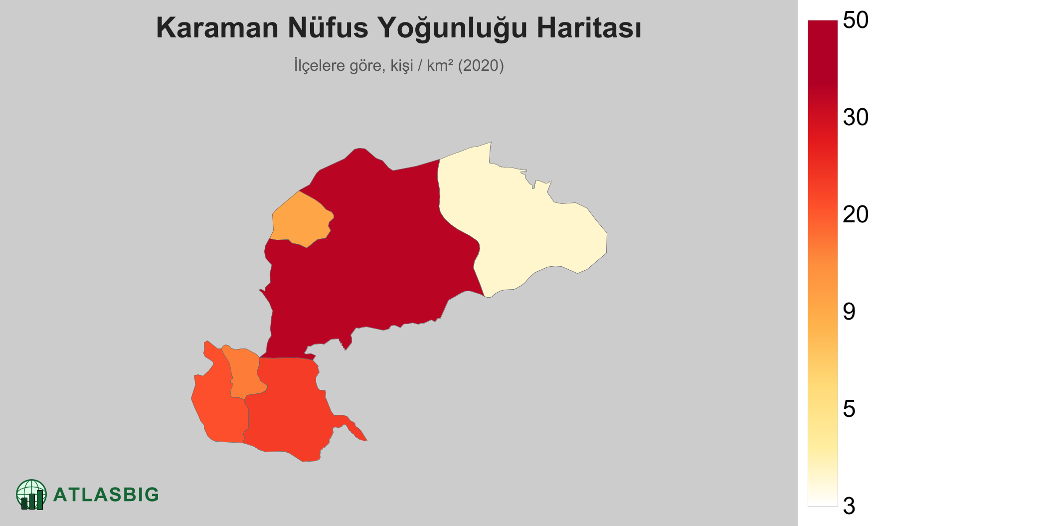 Karaman nüfus yoğunluğu haritası: ilçelere göre kişi / km² (2020)
