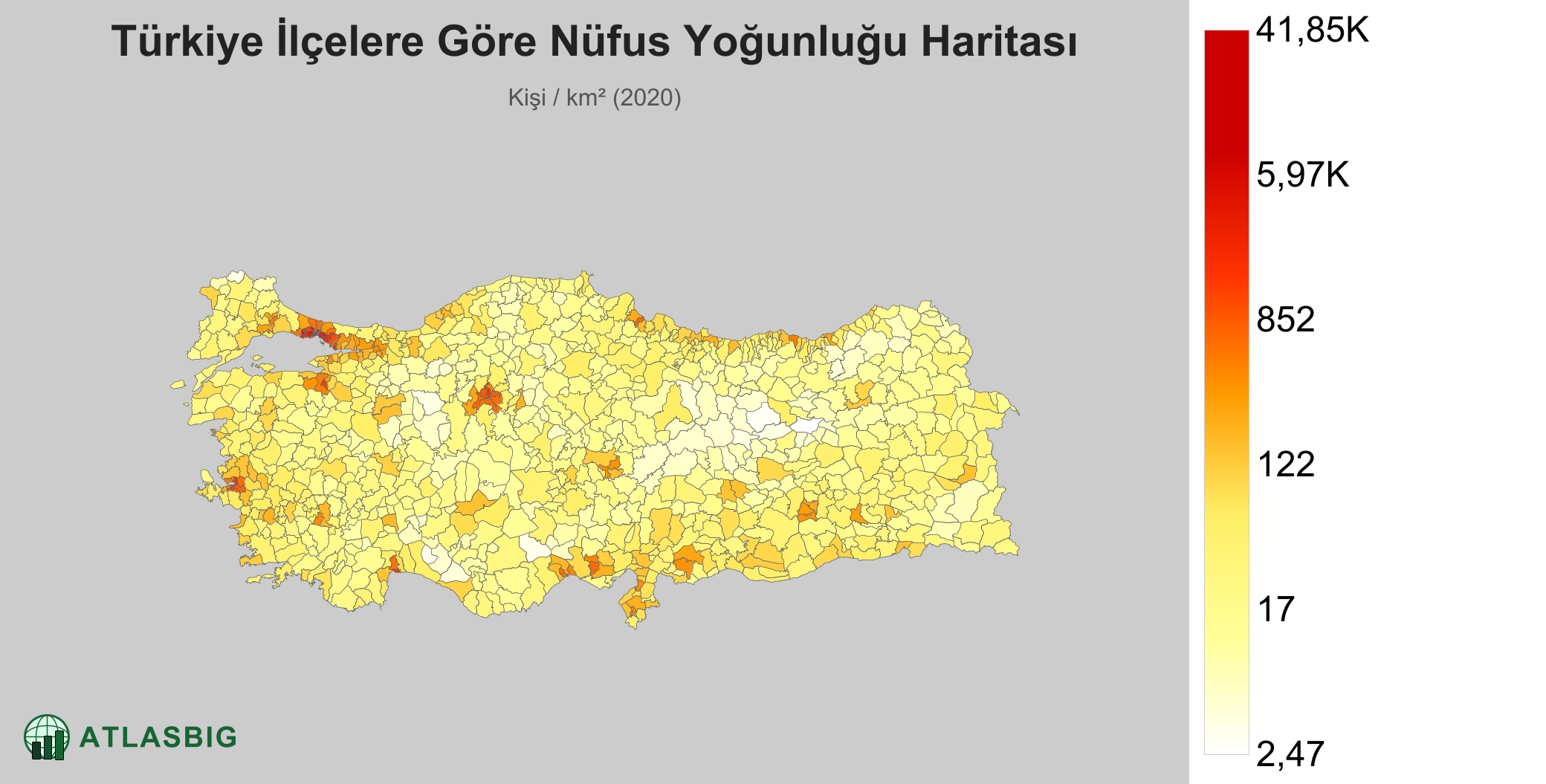 Türkiye ilçelere göre nüfus yoğunluğu haritası: kişi / km² (2020)