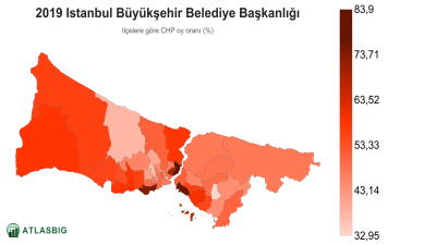 Istanbul 2019 Istanbul Büyükşehir Belediye Başkanlığı: ilçelere göre CHP oy oranı haritası Thumbnail