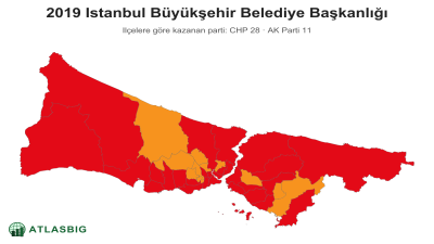 Istanbul 2019 Istanbul Büyükşehir Belediye Başkanlığı: ilçelere göre kazanan parti haritası Thumbnail