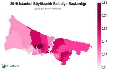 Istanbul 2019 Istanbul Büyükşehir Belediye Başkanlığı: ilçelere göre Saadet oy oranı haritası Thumbnail
