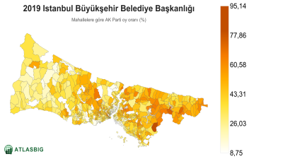 Istanbul 2019 Istanbul Büyükşehir Belediye Başkanlığı: mahallelere göre AK Parti oy oranı haritası Thumbnail