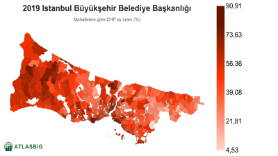 Istanbul 2019 Istanbul Büyükşehir Belediye Başkanlığı: mahallelere göre CHP oy oranı haritası Thumbnail