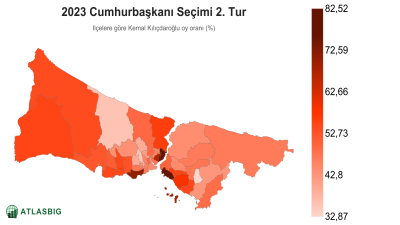 Istanbul 2023 Cumhurbaşkanı Seçimi 2. Tur: ilçelere göre Kemal Kılıçdaroğlu oy oranı haritası Thumbnail