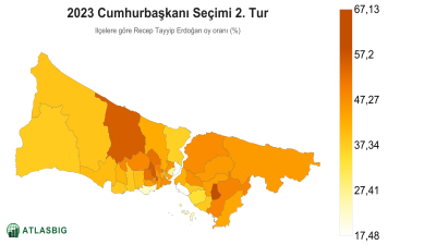 Istanbul 2023 Cumhurbaşkanı Seçimi 2. Tur: ilçelere göre Recep Tayyip Erdoğan oy oranı haritası Thumbnail