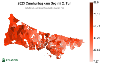 Istanbul 2023 Cumhurbaşkanı Seçimi 2. Tur: mahallelere göre Kemal Kılıçdaroğlu oy oranı haritası Thumbnail