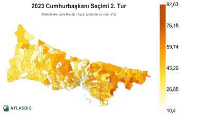 Istanbul 2023 Cumhurbaşkanı Seçimi 2. Tur: mahallelere göre Recep Tayyip Erdoğan oy oranı haritası Thumbnail