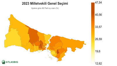Istanbul 2023 Milletvekili Genel Seçimi: ilçelere göre AK Parti oy oranı haritası Thumbnail