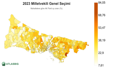 Istanbul 2023 Milletvekili Genel Seçimi: mahallelere göre AK Parti oy oranı haritası Thumbnail