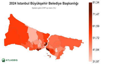 Istanbul 2024 Istanbul Büyükşehir Belediye Başkanlığı: ilçelere göre CHP oy oranı haritası Thumbnail