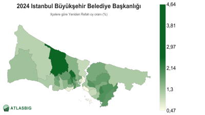 Istanbul 2024 Istanbul Büyükşehir Belediye Başkanlığı: ilçelere göre Yeniden Refah oy oranı haritası Thumbnail