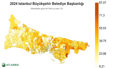 Istanbul 2024 Istanbul Büyükşehir Belediye Başkanlığı: mahallelere göre AK Parti oy oranı haritası Thumbnail